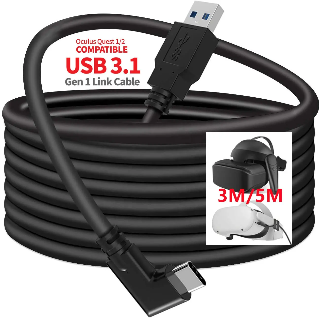 1M 3M 5M 16FT 90 derece dik açı yüksek hızlı 5Gbps 3.0 USB tip A tip C kablo Oculus görev 1 2 kulaklık VR bağlantı kablosu