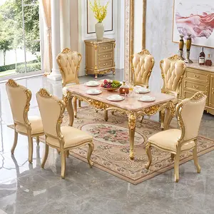 Luxus europäischer Esstisch rechteckiger Esstisch Eiche-Schnitzerei Marmor-Tischplatte hochwertiges Viereck Esstisch-Stuhl-Set
