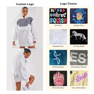 New White Shell Pocket Contrast <strong>Longline</strong> <strong>Women</strong> Embroidery Casual Oversized Sweat <strong>Jumper</strong> Dress Color Block Zip up Hoodie - Product Image 5