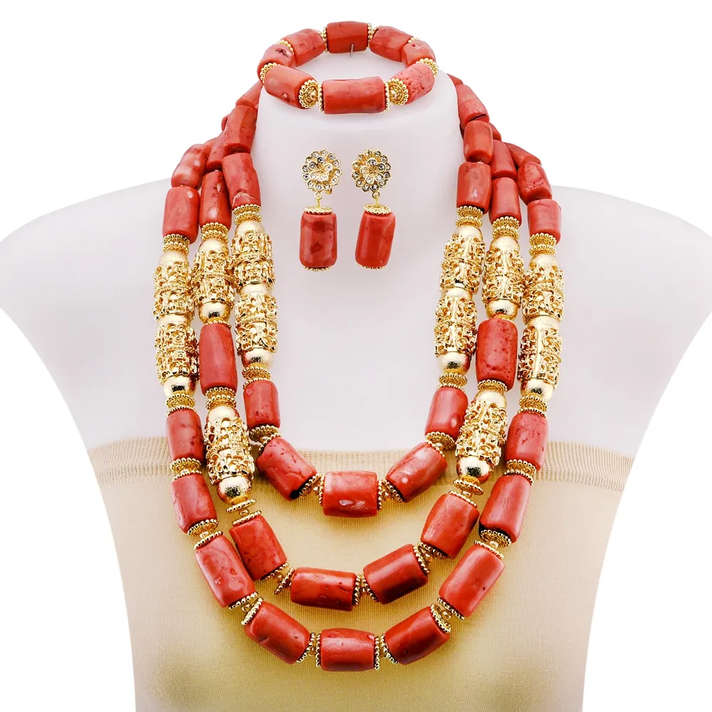 Yalaili Set Perhiasan Manik-manik Karang Pernikahan Nigeria, Gaya Baru S untuk Wanita Ekspor Perdagangan Luar Negeri Set Perhiasan Manik-manik Karang YL3116