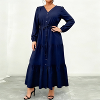 Robe pour femme grande taille, bleu marine uni, tissée, à simple boutonnage, avec cordon de serrage, jupe évasée, style élégant, personnalisable