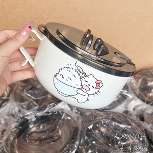 ชามบะหมี่กึ่งสำเร็จรูปลายลูกแมวน่ารัก สแตนเลสพร้อมฝาปิด สำหรับนักศึกษาหอพัก ใช้ในสำนักงาน ล้างในเครื่องล้างจานได้ - Product Image 5