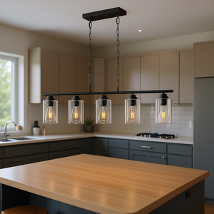 5 <b>Light</b> Adjustable Kitchen Island Pendant <b>Lights</b> E26 Black Iron Glass Shade 2700K LED Chandelier For <b>Dining</b> Room - Product Image 2