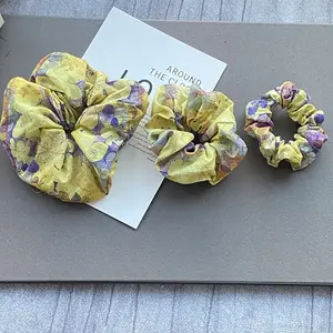 MIO amarelo aquarela grande cabelo scrunchies extra grande cor brilhante artistical cabelo gravata moda flor printerizada mulheres meninas cabelo