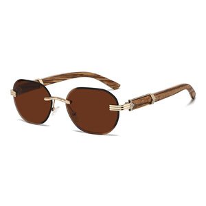 Lunettes de soleil élégantes sans monture en métal et bois, verres PC UV400, unisexe, ovales, protection solaire, fabriquées à Wenzhou - Product Image 2