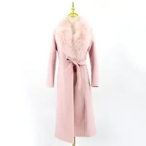 QIUCHEN- QC22034 2022 Autumn Winter Hoodie Fashion Women's Long Trench Coat With Real Fox Fur Collar 100% Wool Coat