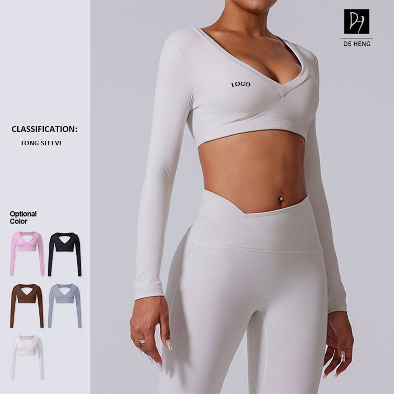 Female Long Sleeve Deep V Neck Open Back Breathable Sweat Wicking Cropped Waist Workout Yoga Fitness Top