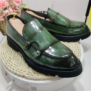 남자 두꺼운 단독 녹색 더블 몽크 스트랩 신발 웨딩 고성능 높이 증가 드레스 신발