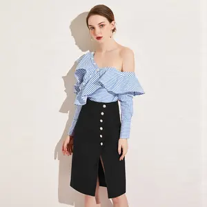 Frühlings rüschen One-Shoulder Langarm gestreifte Bluse Office Ladies Shirt Top