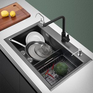 Lavello da <span class=keywords><strong>Cucina</strong></span> Moderno 80*48cm Doppia Vasca PVD Nero Acciaio Inox 304 Nano Fatto a Mano Senza Rubinetto Lavelli per <span class=keywords><strong>Cucina</strong></span> - Product Image 3