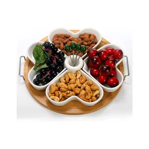 Hot selling Serving Tray with Bamboo Holder, Ceramic Divided Serving Platter with Food Picks