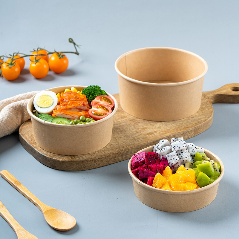 High Quality Customized Printing Disposable Wholesale Round Kraft Paper Salad Bowl Food Grade Paper Plates Bowls with Lid