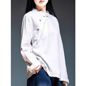 Cotton Linen Top With Frog Buttons Diagonal Placket Stand Collar Long Sleeves Zen Inspired Shirt For Women - Product Image 1
