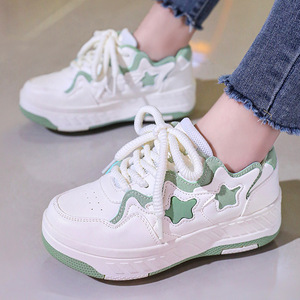 รองเท้าสนีกเกอร์แพลตฟอร์มหัวกลมสีผสมตาข่ายระบายอากาศพื้นรองเท้ากลางพื้นรองเท้ายาง EVA รองเท้าลำลองแบบผูกเชือกใส่ได้ทุกฤดู - Product Image 1
