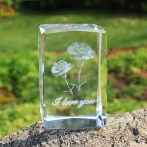 Cubo de cristal con grabado láser 3D personalizado, flor única