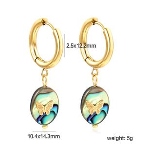Nouvelles boucles d'oreilles créoles en acier inoxydable plaqué or, bijoux fantaisie avec zircon, motif étoile, œil, papillon, rond et géométrique, et coquille d'ormeau - Product Image 3
