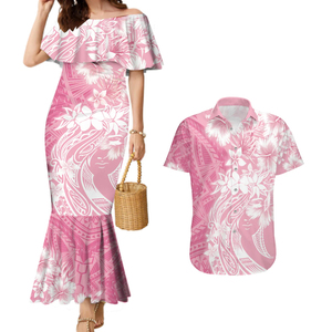 Robe sirène assortie pour couples roses et chemise hawaïenne Ensemble de couple tropical <span class=keywords><strong>polynésien</strong></span> Vêtements de fête pour femmes et hommes - Product Image 1