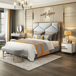 160 * 200厘米豪华金色不锈钢酒店家用皮革床和床垫套装平台床沙发框架