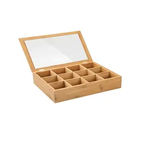 Tapa con logotipo personalizado para decoración superior, organizador de almacenamiento de té de bambú, caja con ventana transparente de visión fácil, 12 secciones divididas