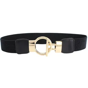 4cm width wide black red white plain elastic stylish round gold buckle stretch belt for women