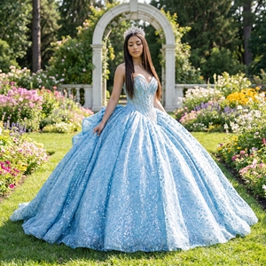 Robe de Quinceañera de luxe bleu glace Dy1384 avec appliques, perles lourdes naturelles, paillettes, en mousseline de soie, coupe princesse, pour bal de promo - Product Image 1