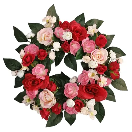 Senmasine artificial flowers rose peony mixed Greenery leaves spring flower wreath with ribbon bows front door hanging decor