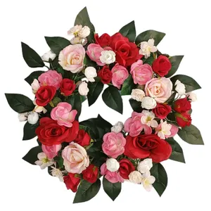 Senmasine Artificial Flowers Rose Peony Mixed Greenery Leaves Spring Flower Wreath With Ribbon Bows Front Door Hanging Decor