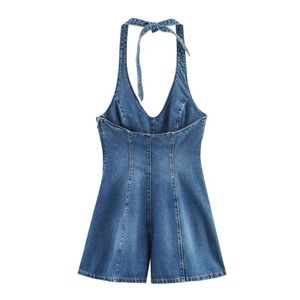 Mono corto vaquero retro informal con cuello halter, nueva moda de verano para mujer - Product Image 3