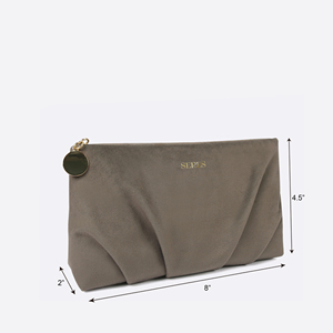 Grey Polyester Velvet Pleated Cosmetic Bag with Custom Gold Foil Logo and Gold-Tone Zipper for Daily & Travel Beauty Storage - Product Image 2