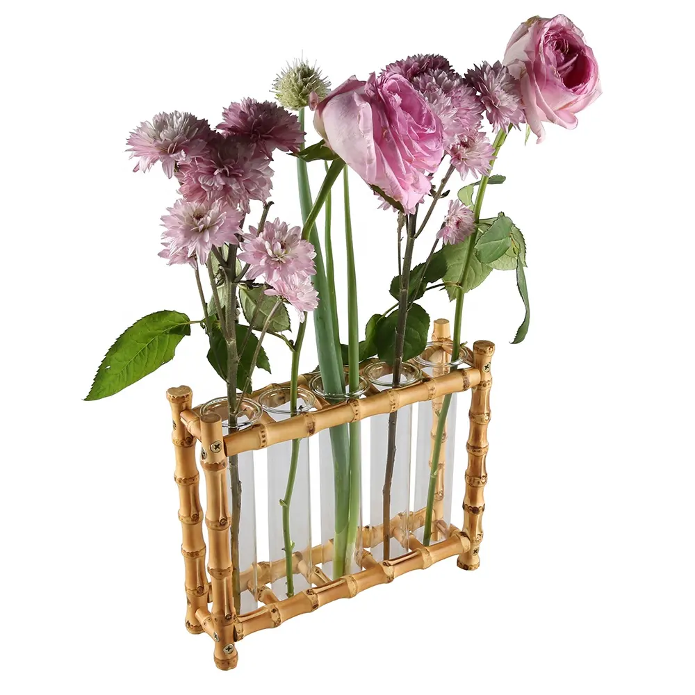 Decorazione da tavolo provetta in legno di bambù stazione di diffusione Rack piante idroponiche bocciolo di fiori fioriera vaso di vetro terrario