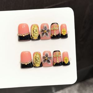 En gros, <span class=keywords><strong>Faux</strong></span> ongles à presser faits main Y2K, style French manucure œil de chat rose, motif fleur 3D, minimaliste et évasé, 10 pièces - Product Image 6