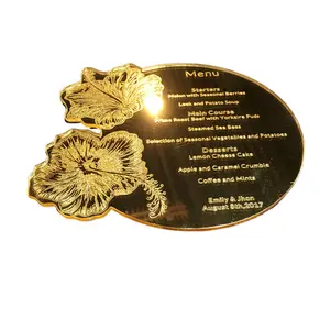 Beautiful Flower Design Round Shape Engraved Golden Mirror Acrylic Wedding Menu Cards 100 Pieces Per Lot