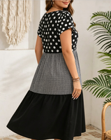 Robe décontractée à volants pour femmes, grande taille, imprimé pois noir et blanc, patchwork gingham, manches courtes à volants, robe d'été
