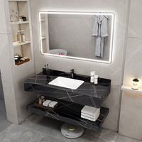 Ensemble de meuble-lavabo de salle de bain moderne en MDF avec vasque en céramique sous-couche double couche en pierre frittée effet marbre, LED intelligente, anti-buée et résistant à l'eau