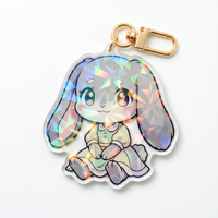 Porte-clés en acrylique personnalisé avec impression laser, film holographique effet verre brisé, motif lapin imprimé UV, fermoir doré, pendentif en acrylique étanche