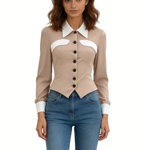 Blusa de Mujer con Bloques de Color en Contraste - Camisa de Manga Larga con Botones al Frente y Dobladillo Asimétrico, Ropa de Mujer a la Moda - Product Image 1