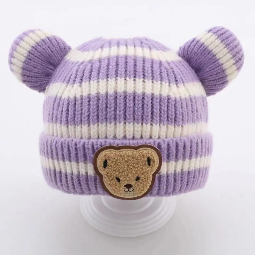 2023 New Baby Winter Hats Girl Boy Super Cute Striped Bear Woolen Hat Children Trendy Knitted Hat