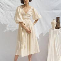 2024 femmes trois quarts manches bouffantes a-ligne blanc longues robes en lin à lacets lin Maxi robe