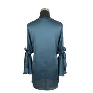 Blusa de Gasa para Mujer con Apliques de Encaje, Manga Fruncida, Cuello Redondo, Elegante, Holgada, de Color Sólido - Product Image 3