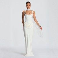 Ventes en gros de robes longues d'été chics à col en U, dos nu, à armature en os de poisson, sexy, à bretelles, enveloppantes, pour fête d'anniversaire, robes de soirée pour femmes