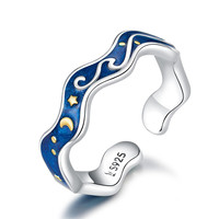 Bague en opale bleue Qings en argent sterling 925, bague vague océanique pour filles