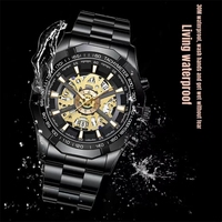 Jam Tangan Skeleton BINBOND Pria, Baja Anti Karat, Tanggal, Mesin Quartz, Jam Mewah Pria, Perak Hitam, Baja Anti Karat, Jam Tangan Pria, Reloj