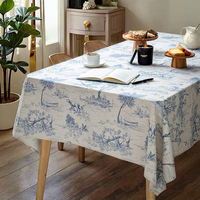 Nappe Rectangulaire Personnalisée en Polyester Tissé Imprimé Floral Bleu Lavable Effet Lin pour Maison, Mariage et Banquet