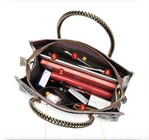 Bolso de mano de cuero genuino para mujer, estilo vintage, con patrón geométrico, colores contrastantes, bandolera, bolso de hombro, bolsos con asa superior para dama - Product Image 4