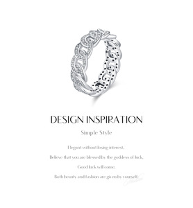S925 Silver Hiphop Chain <b>Ring</b> With <b>Crystal</b> Pave Setting Geometric Unisex Everyday Wear Edgy Full Pave Cuban Chain Statement <b>Ring</b> - Product Image 3