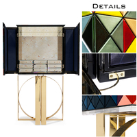 Meuble de bar au design innovant 1088 triangles en bois multicolore avec base en laiton poli, meuble de rangement pour salon
