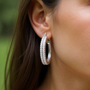 Orecchini a Cerchio E2200 in Oro Bianco con Diamanti Rotondi Incastonati a Canale per Donna, Lusso per l'Uso Quotidiano - Product Image 2