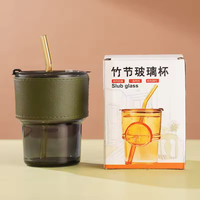 Agent d'achat ménager Tasse à boisson personnalisée en verre flammé de 450ml avec couvercle et paille Tasse à café étanche Tasse à étui en cuir portable