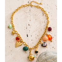 Collier ras du cou JINYOU 5873 vintage en acier inoxydable plaqué or 18 carats avec chaîne et multiples breloques en résine colorée, turquoise et émail