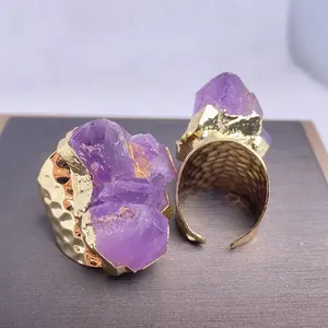 fancy 24k gold bezel setting beauty patterns rings irregular Amethysts druzy geode quartz stone adjustable wide open ring